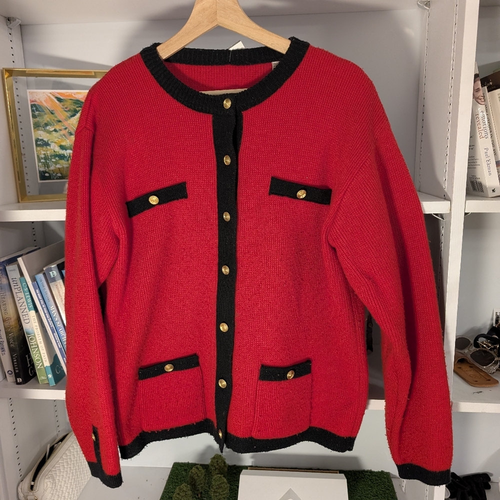 Vintage Women's Cardigan Red Black Gold Buttons Wool Blend Size Medium Preppy
